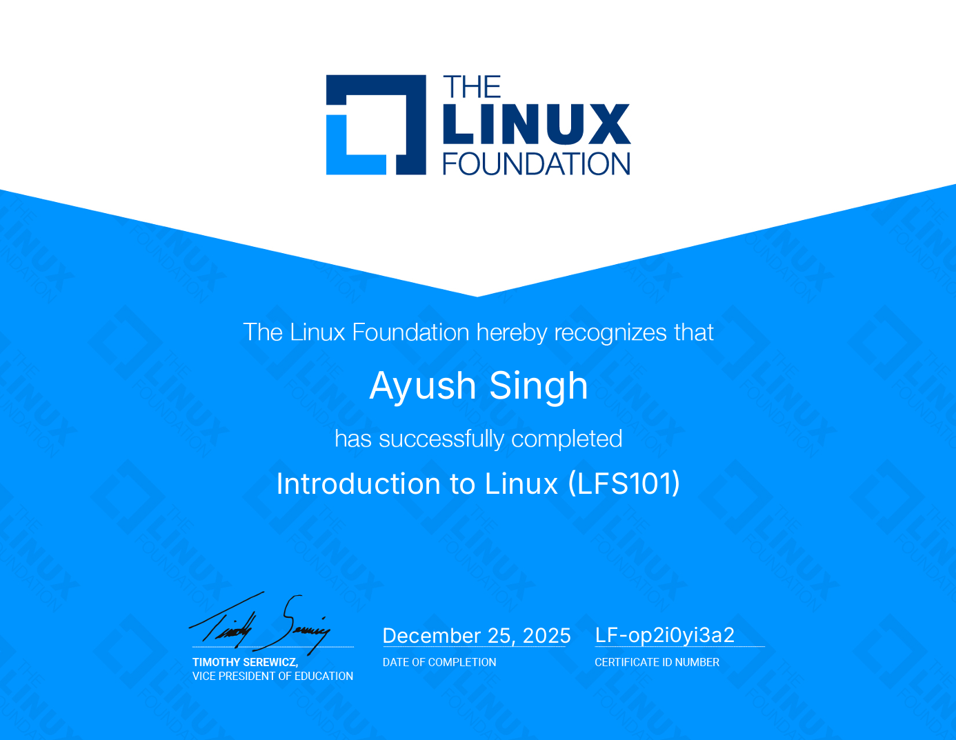 Introduction to Linux LFS101 Certificate